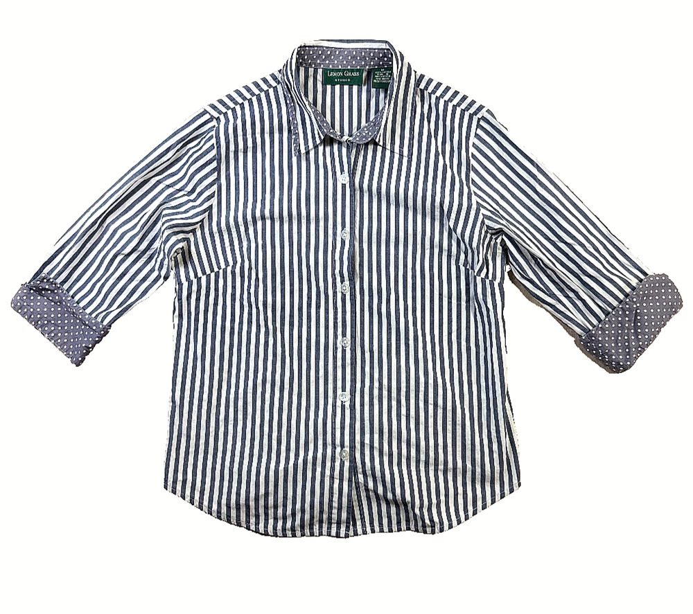 Lemon Grass Studio Striped Button-Up Shirt Polka Dot Trim Women's M